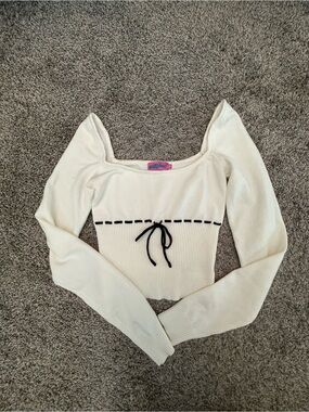 Edikted Cream Square Neck Ribbed Sweater with Black Tie Detail